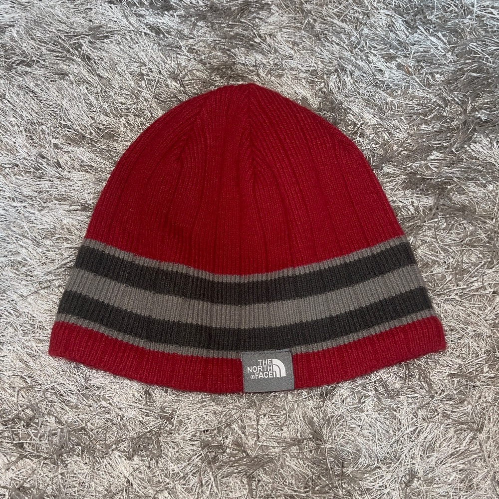 The North Face Red and Grey Beanie